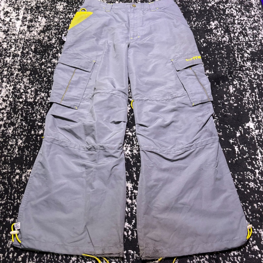 Vintage Caffeine Y2K Rave Pants Grey Neon Yellow Cargo Wide Leg Baggy 34 Mens